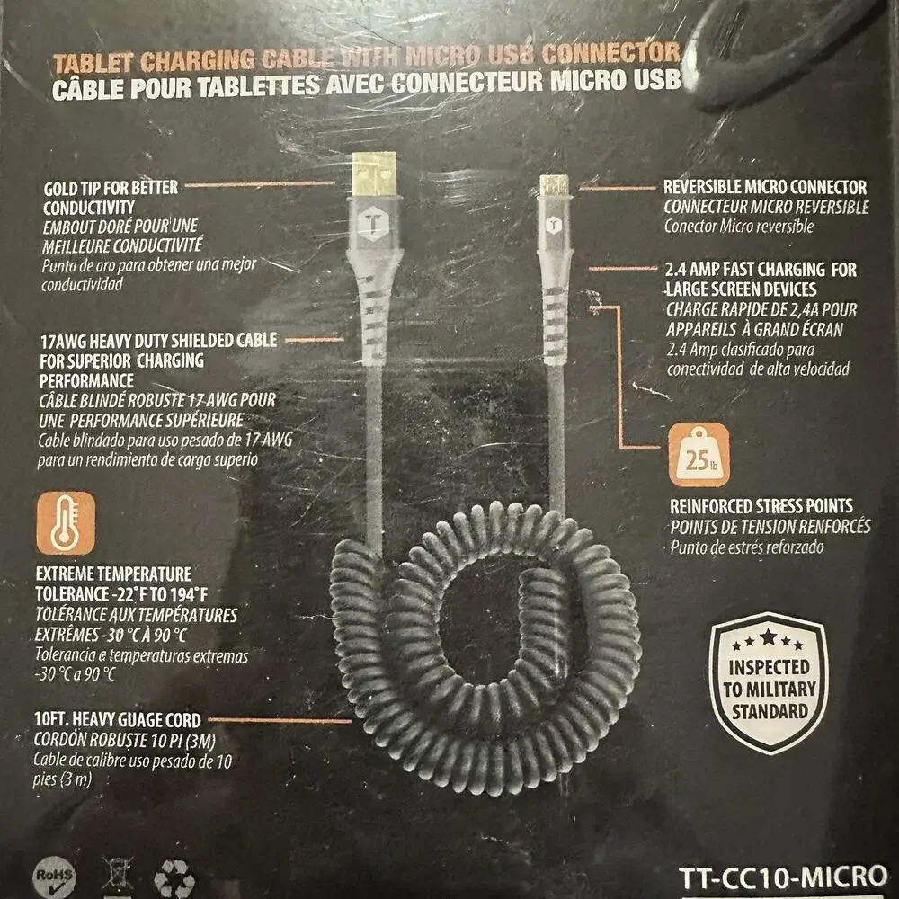 Tough Tested 10 Ft Micro USB Charger‎ Cord Heavy Duty Charging Cable NEW
